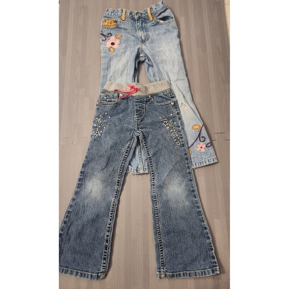 Set Of 2 Girls Blue Jeans Flare Y2K VTG Size 4 Youth Floral